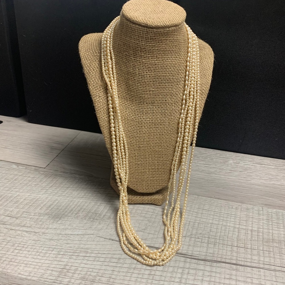 Marvella Vintage Multi Strand Faux Pearl Necklace Cream Gold Tone 28 Inch